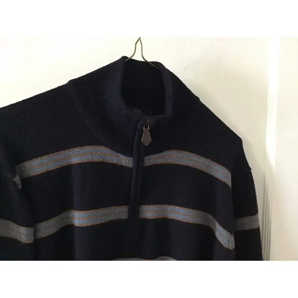 346 Brooks Brothers Navy Striped Extra Fine Italian Merino Wool 1/4 Zip Sweater